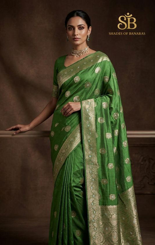 Smeraldo Lusso: Deep Emerald Green Pure Dupion Silk Banarasi Saree in Sona Rupa Buti