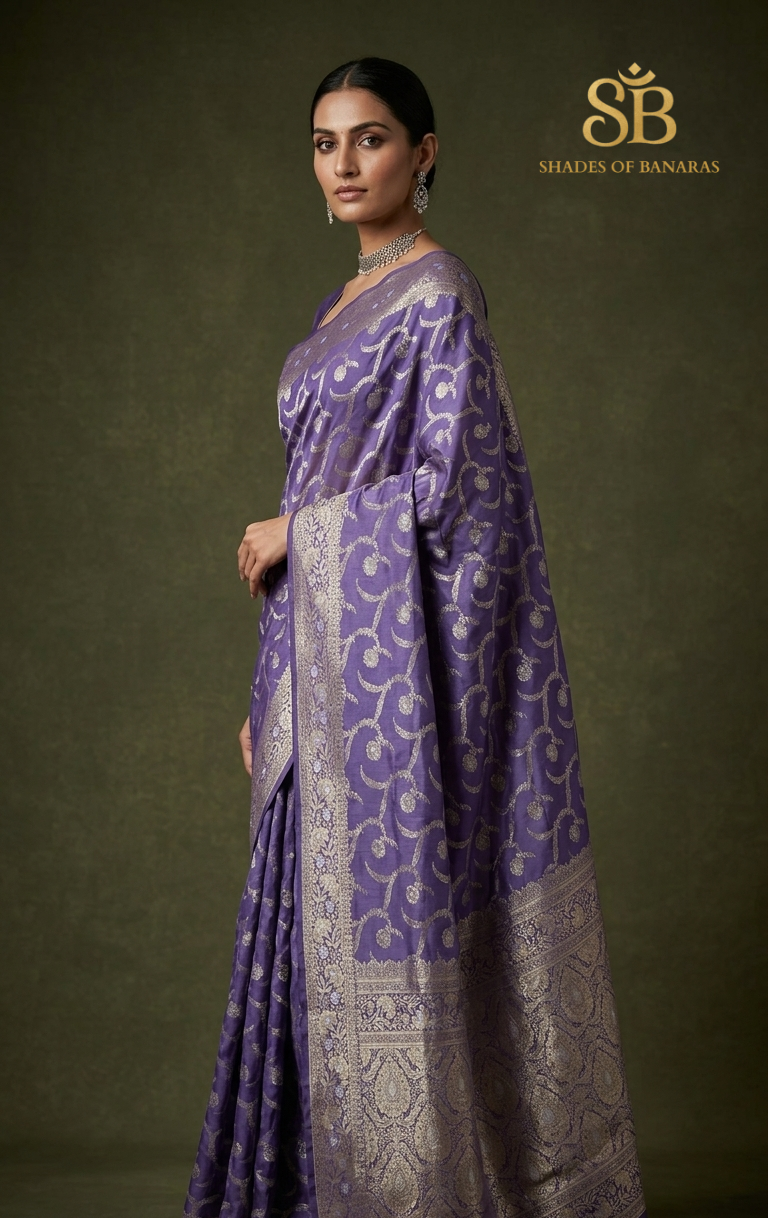 The Lavender Bella Luxe: Pure Dupion Silk Banarasi Saree in Sona Rupa Jaal