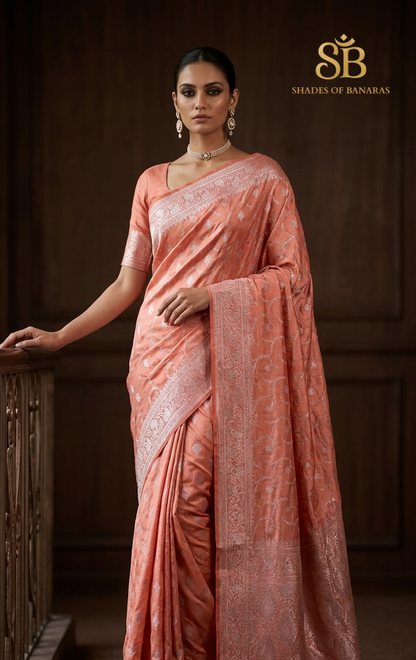 La Dolce Vita: Peach Pure Dupion Silk Banarasi Saree | Sona Rupa Edition