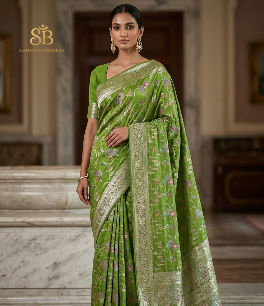 Verde Splendida Luxe Pure Katan Silk Banarasi Saree In Minakari Jaal