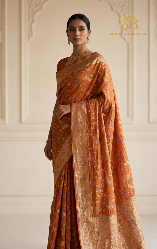 Ambra Reale Luxe Pure Katan Silk Banarasi Saree In Minakari Jaal