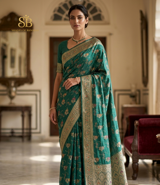 Verde Mare Luxe Pure Katan Silk Banarasi Saree In Minakari Jaal