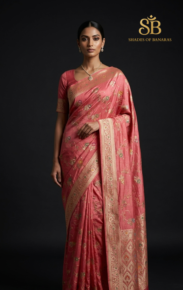 Rosa Tenue Luxe Pure Katan Silk Banarasi Saree In Minakari Jaal