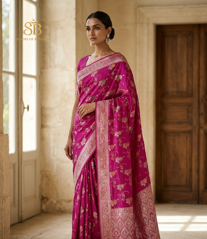 Rosa Bellezza Couture Pure Katan Silk Banarasi Saree In Minakari Jaal