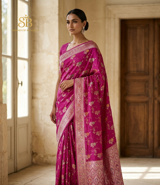 Rosa Bellezza Couture Pure Katan Silk Banarasi Saree In Minakari Jaal