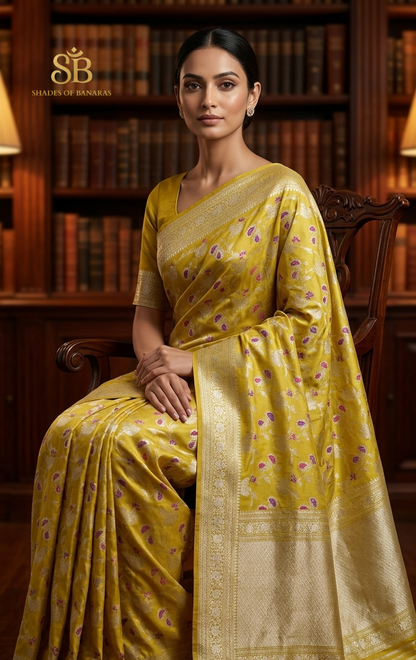 Woman draped in a warm golden-yellow Kadhua jaal Banarasi silk saree with a wide ivory-and-gold zari floral border, styled with a matching yellow silk blouse.