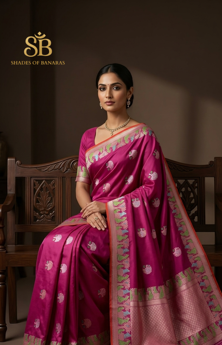 Woman in a vivid rani pink Kadhua figure Banarasi silk saree with bold multicolor floral motifs and a pastel woven border.