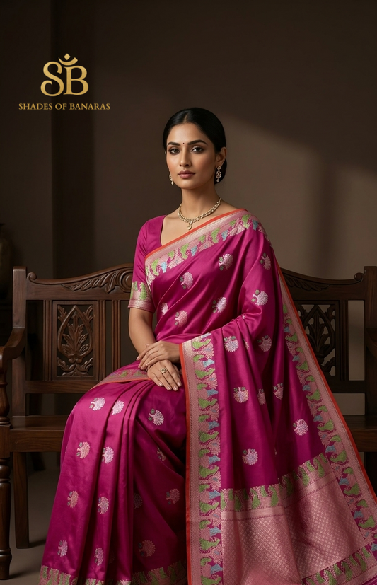 Woman in a vivid rani pink Kadhua figure Banarasi silk saree with bold multicolor floral motifs and a pastel woven border.