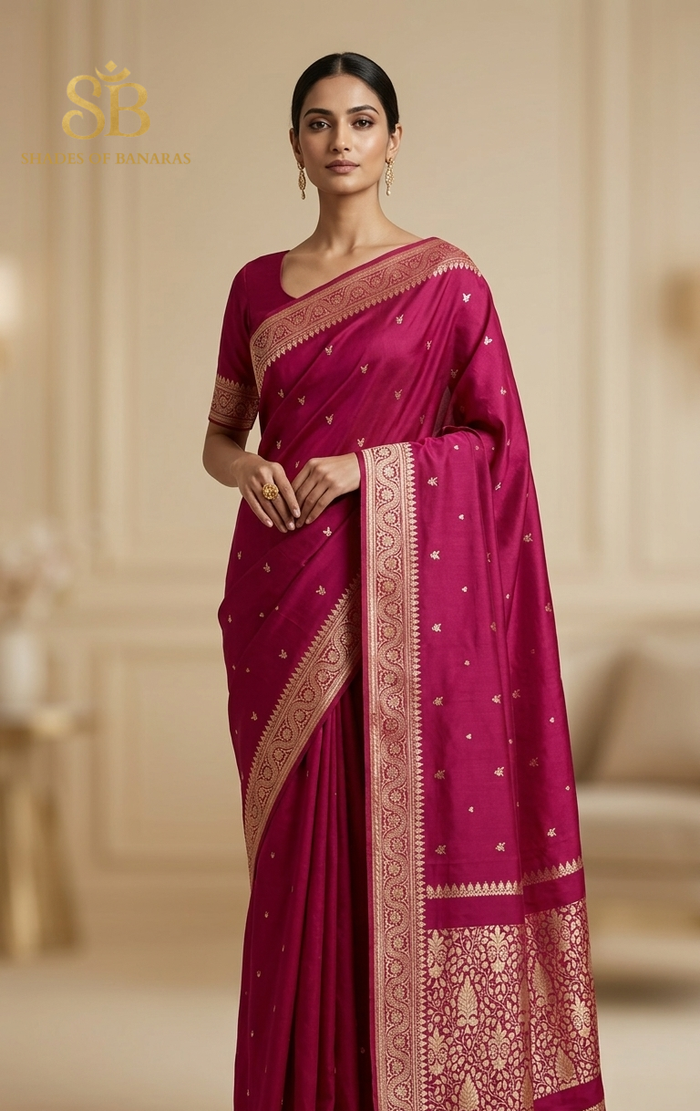 Woman in a rose pink Kadhua buti Banarasi silk saree with finely scattered gold zari motifs and a scalloped border.