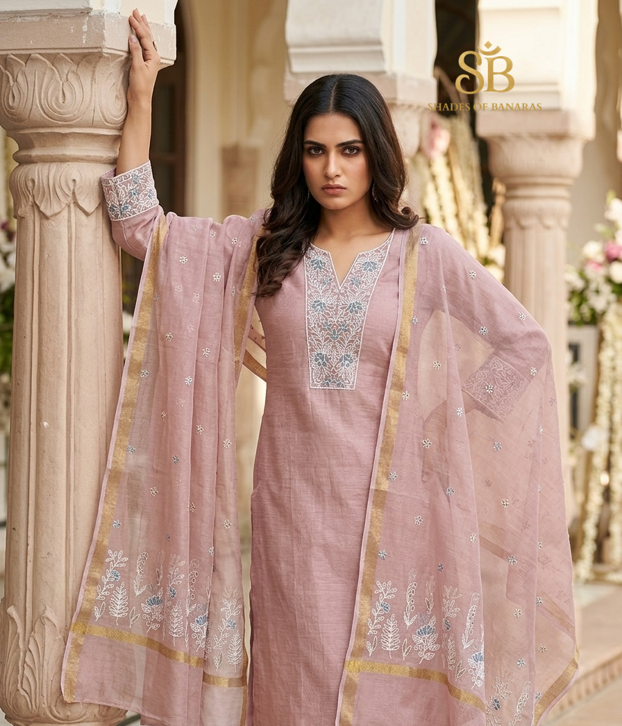 Rosa Confetto Couture Pure Banarasi Tissue Silk Suit Set