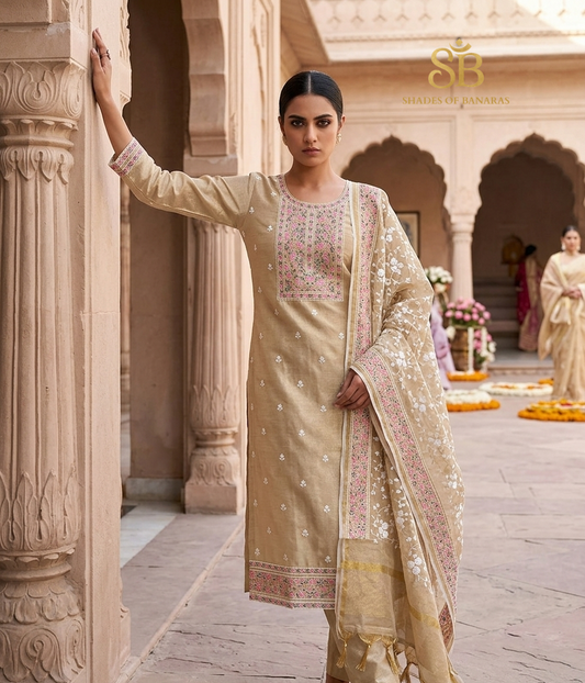 Crema Dorata Couture Pure Banarasi Tissue Silk Suit Set – authentic Banarasi handloom weave – Shades of Banaras