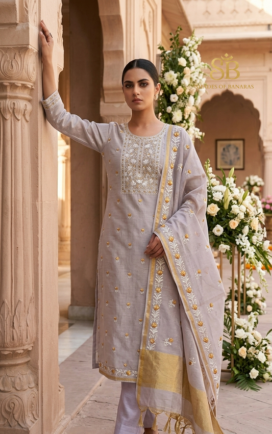 Lavanda Sogno Luxe Pure Banarasi Tissue Silk Suit Set – authentic Banarasi handloom weave – Shades of Banaras