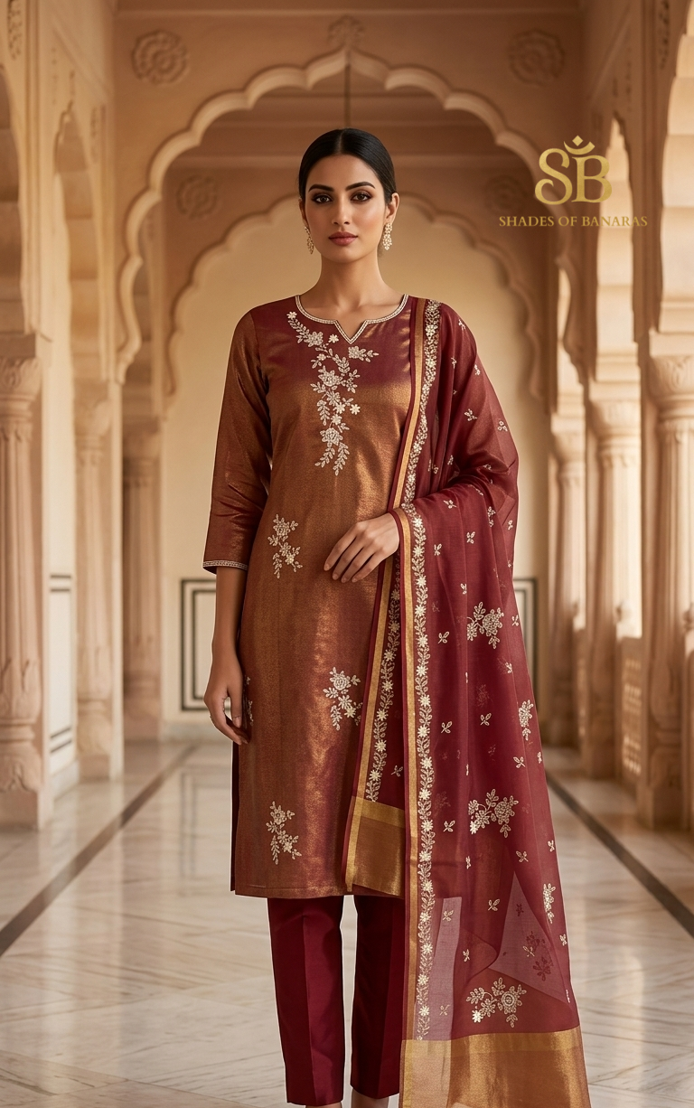 Bordeaux Nobile Couture Pure Banarasi Tissue Silk Suit Set
