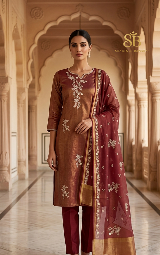 Bordeaux Nobile Couture Pure Banarasi Tissue Silk Suit Set – authentic Banarasi handloom weave – Shades of Banaras