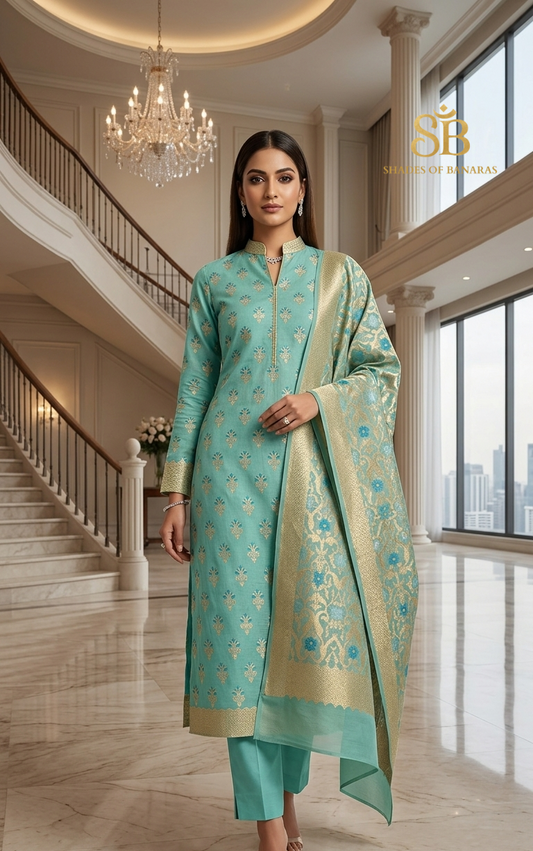 Verde Smeraldo Luxe Pure Banarasi Dupion Silk Suit Set – authentic Banarasi handloom weave – Shades of Banaras