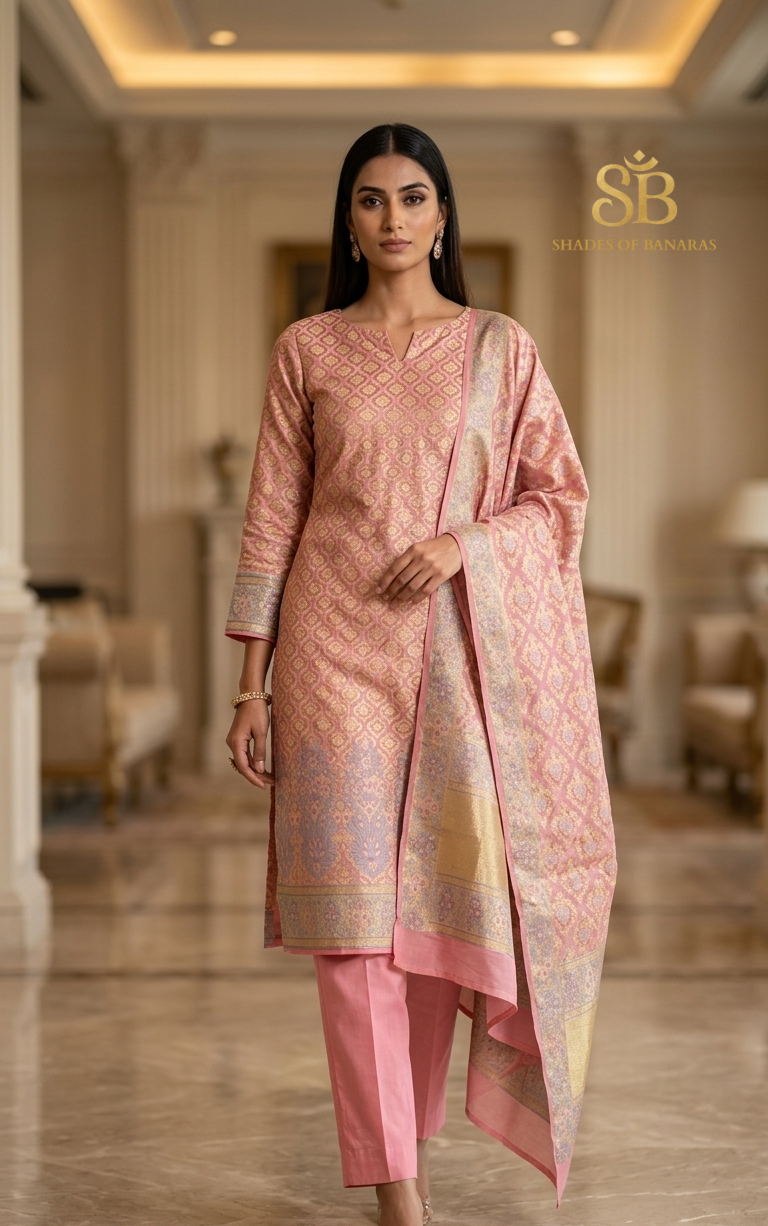 Pesca Reale Couture Pure Banarasi Dupion Silk Suit Set