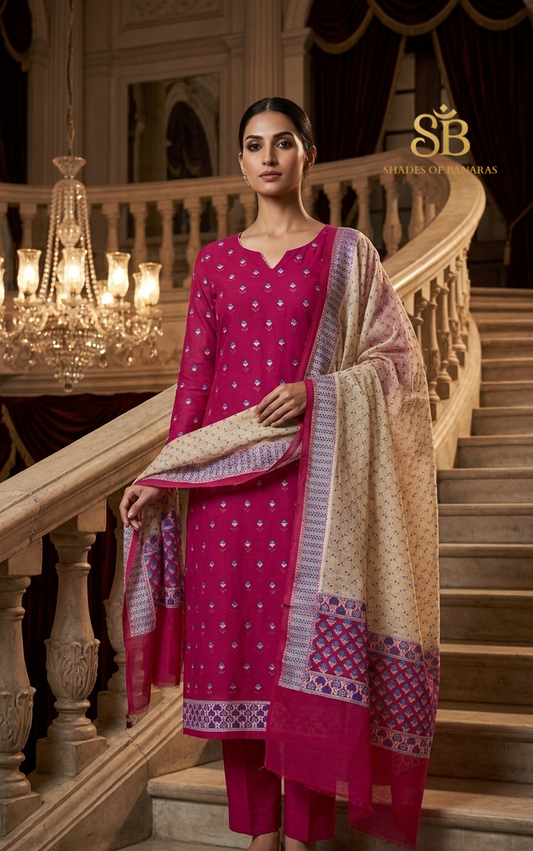 Rosa Regale Luxe Pure Banarasi Dupion Silk Suit Set – authentic Banarasi handloom weave – Shades of Banaras