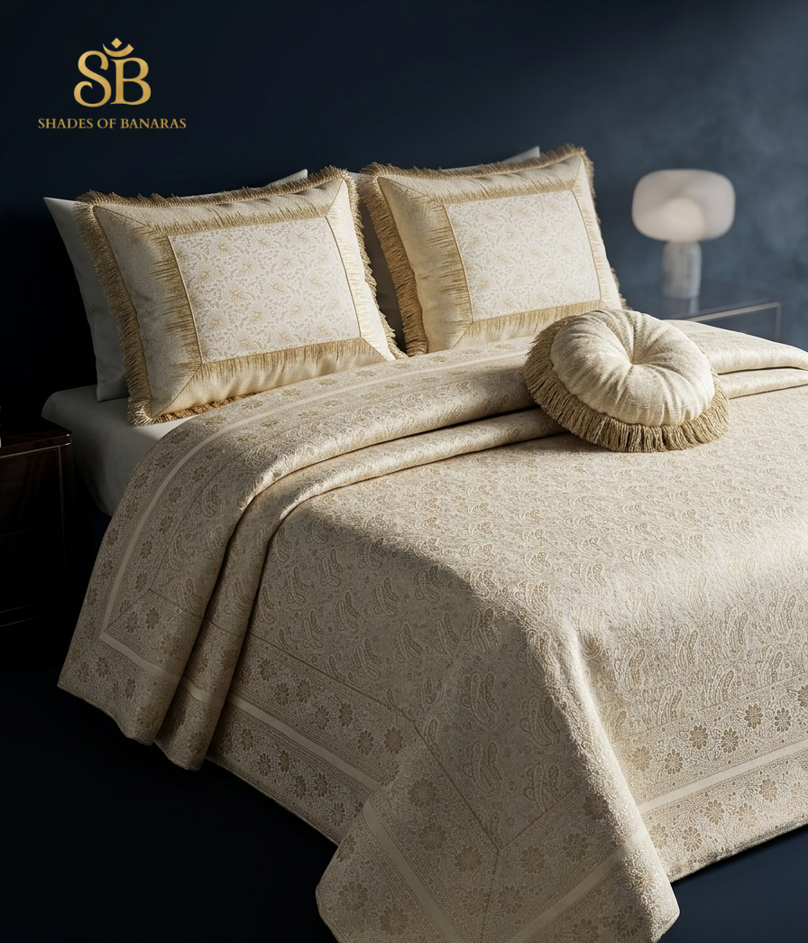 Crema Pura Tessuta Couture Pure Dupion Silk Banarasi Bedcover