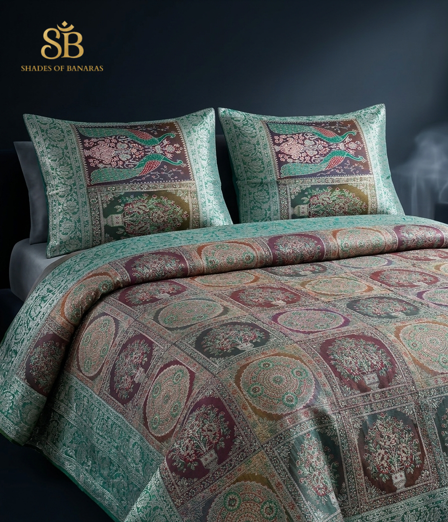Smeraldo Regale Pavone Couture Pure Brocade Silk Banarasi Bedcover