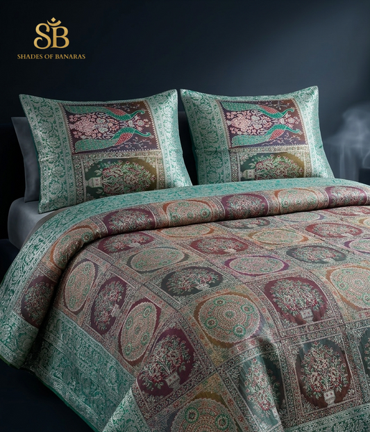 Smeraldo Regale Pavone Couture Pure Brocade Silk Banarasi Bedcover – authentic Banarasi handloom weave – Shades of Banaras