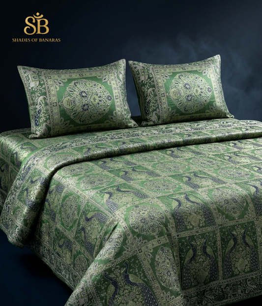 Oliva Serena Pavone Couture Pure Brocade Silk Banarasi Bedcover – authentic Banarasi handloom weave – Shades of Banaras