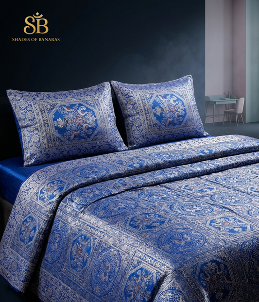 Blu Regale Ottagono Couture Pure Brocade Silk Banarasi Bedcover – authentic Banarasi handloom weave – Shades of Banaras