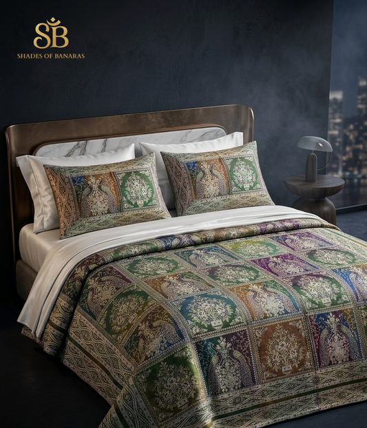 Policroma Regale Pavone Couture Pure Brocade Silk Banarasi Bedcover – authentic Banarasi handloom weave – Shades of Banaras