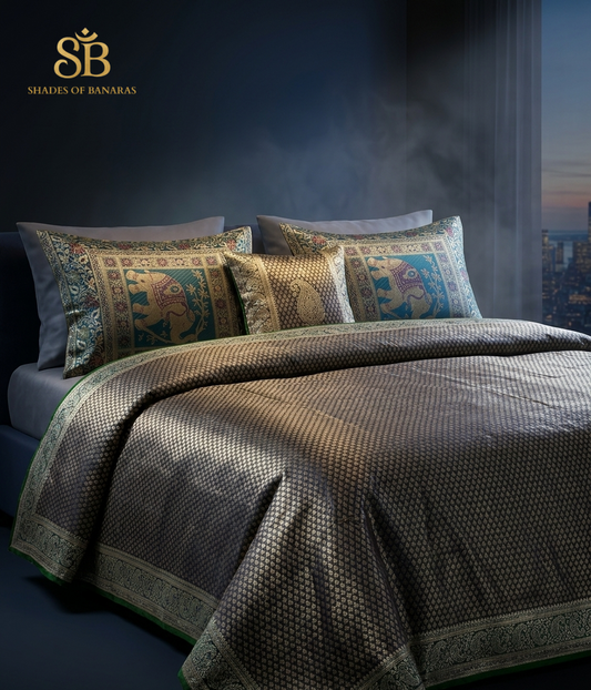 Notte Regale Elefante Couture Pure Brocade Silk Banarasi Bedcover – authentic Banarasi handloom weave – Shades of Banaras