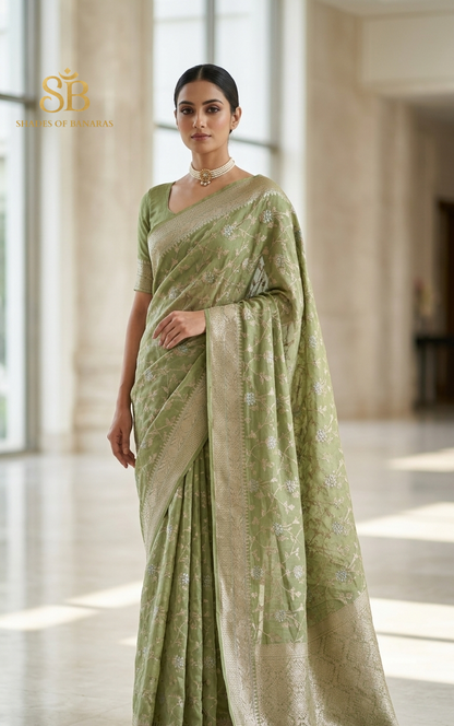 Verde Pastello Cutwork Jaal Couture Pure Cotton Silk Banarasi Saree