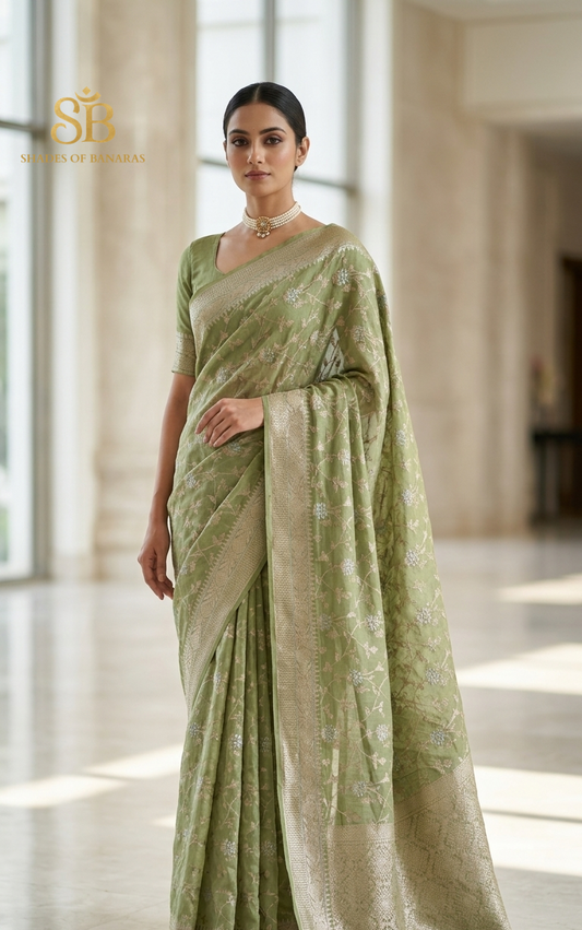 Verde Pastello Cutwork Jaal Couture Pure Cotton Silk Banarasi Saree – authentic Banarasi handloom weave – Shades of Banaras