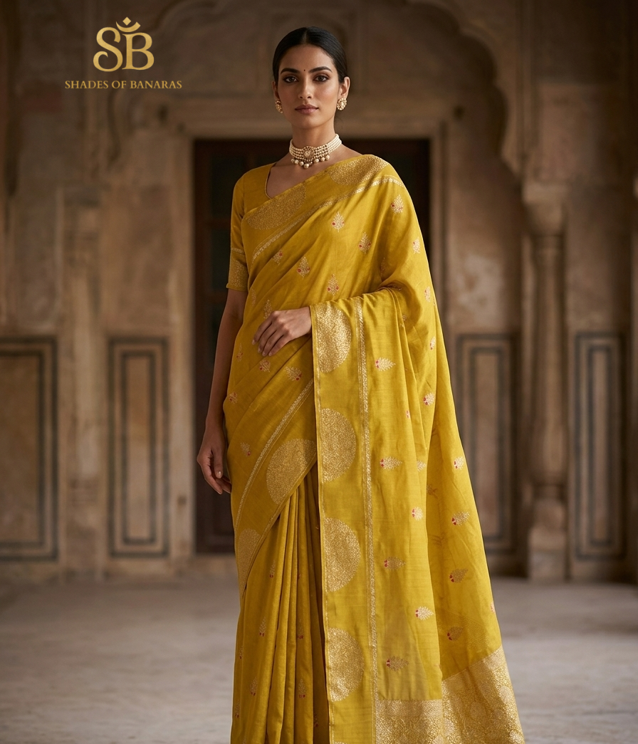 Giallo Dorato Cutwork Butis Couture Pure Mango Silk Banarasi Saree