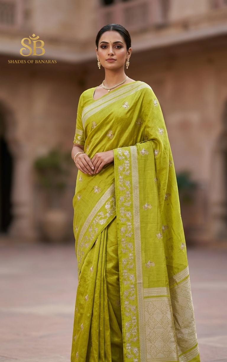 Verde Oliva Cutwork Butis Couture Pure Cotton Silk Banarasi Saree
