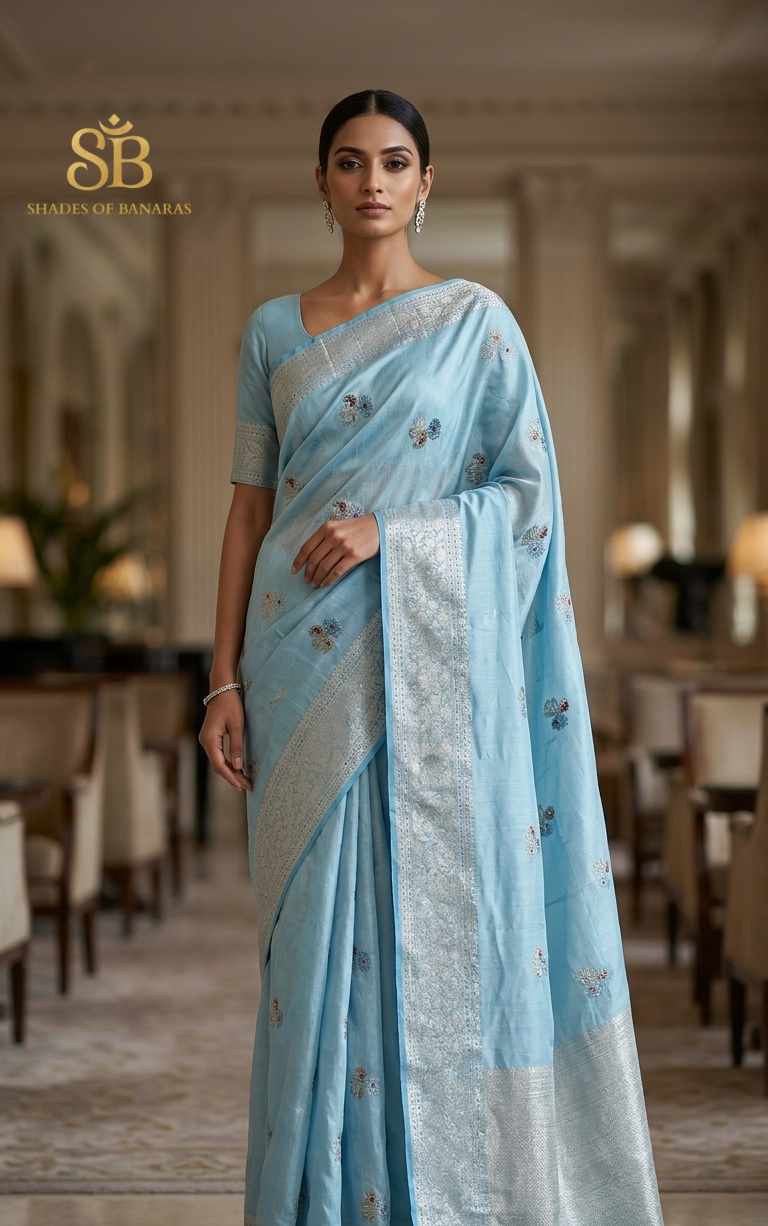 Blu Dolce Cutwork Butis Couture Pure Cotton Silk Banarasi Saree – authentic Banarasi handloom weave – Shades of Banaras
