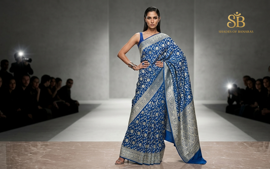 Blu Incanto Jaal Couture Pure Chiffon Banarasi Saree – authentic Banarasi handloom weave – Shades of Banaras