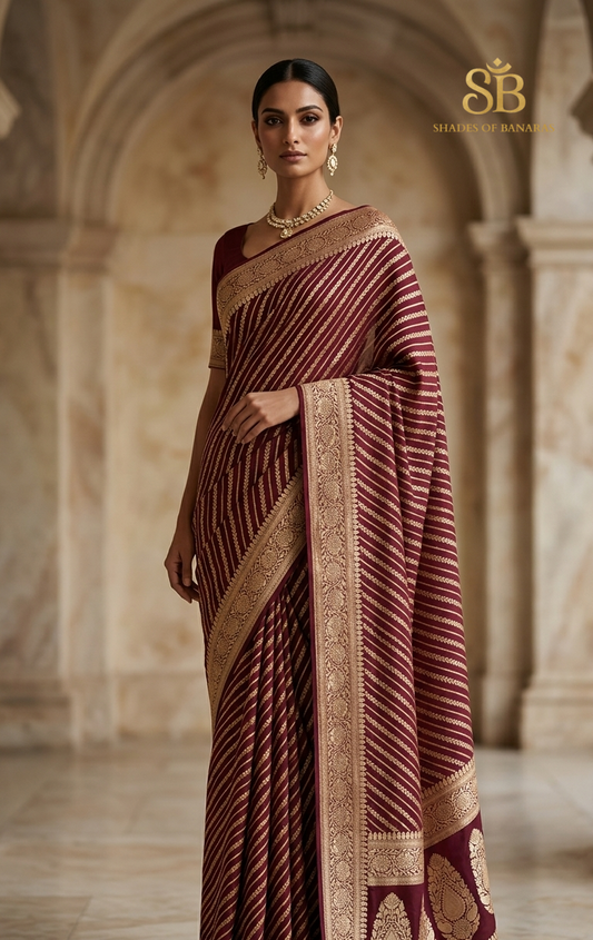 Vino Nobile Striped Couture Pure Chiffon Banarasi Saree – authentic Banarasi handloom weave – Shades of Banaras