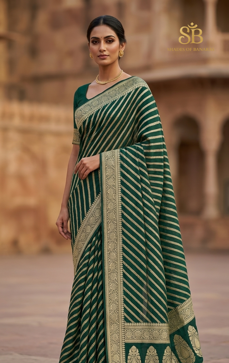 Verde Smeraldo Striped Couture Pure Chiffon Banarasi Saree