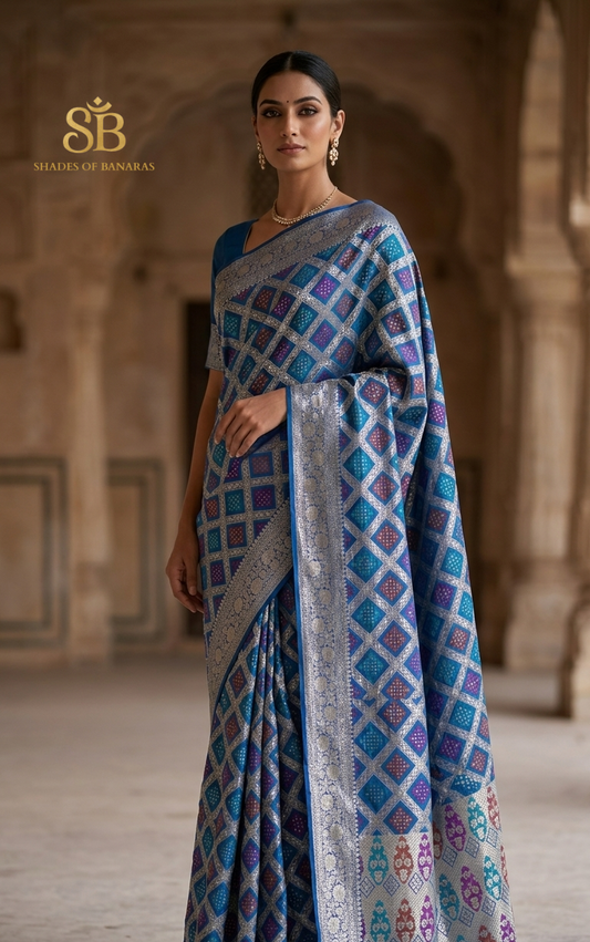 Azzurro Diamante Meenakaari Couture Pure Dupion Silk Banarasi Saree – authentic Banarasi handloom weave – Shades of Banaras