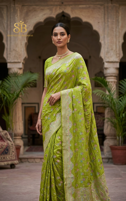 Verde Oliva Meenakaari Couture Pure Dupion Silk Banarasi Saree