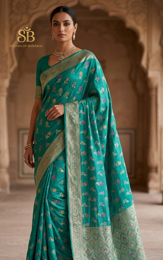 Celeste Bella Meenakaari Couture Pure Dupion Silk Banarasi Saree – authentic Banarasi handloom weave – Shades of Banaras