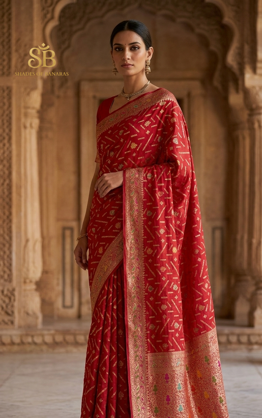 Rosso Scintilla Meenakaari Couture Pure Dupion Silk Banarasi Saree – authentic Banarasi handloom weave – Shades of Banaras