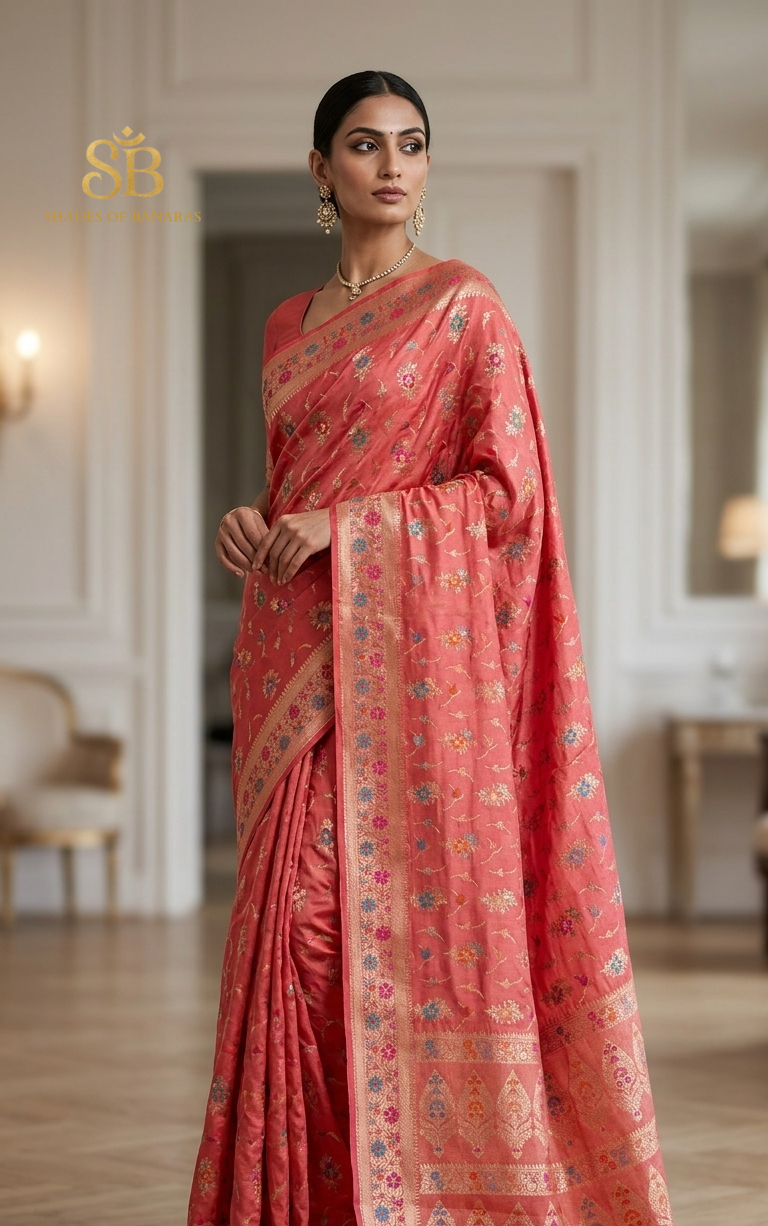 Corallo Dolce Meenakaari Couture Pure Dupion Silk Banarasi Saree