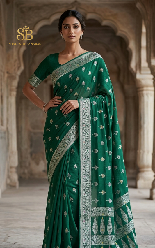 Smeraldo Botanica Meenakaari Couture Pure Dupion Silk Banarasi Saree – authentic Banarasi handloom weave – Shades of Banaras