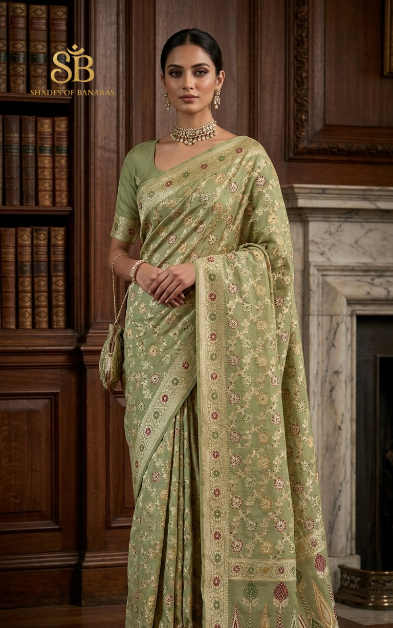 Verde Pastello Pekhwa Couture Pure Khaddi Chiffon Banarasi Saree