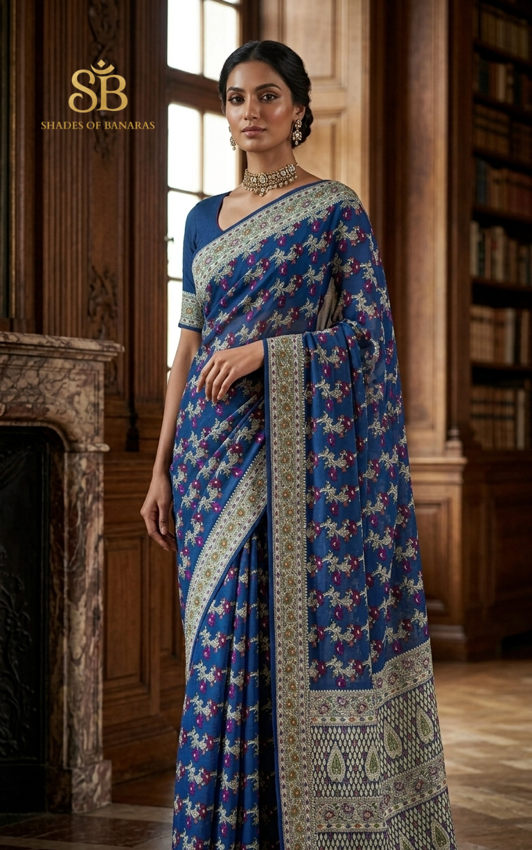 Blu Zaffiro Pekhwa Couture Pure Khaddi Chiffon Banarasi Saree
