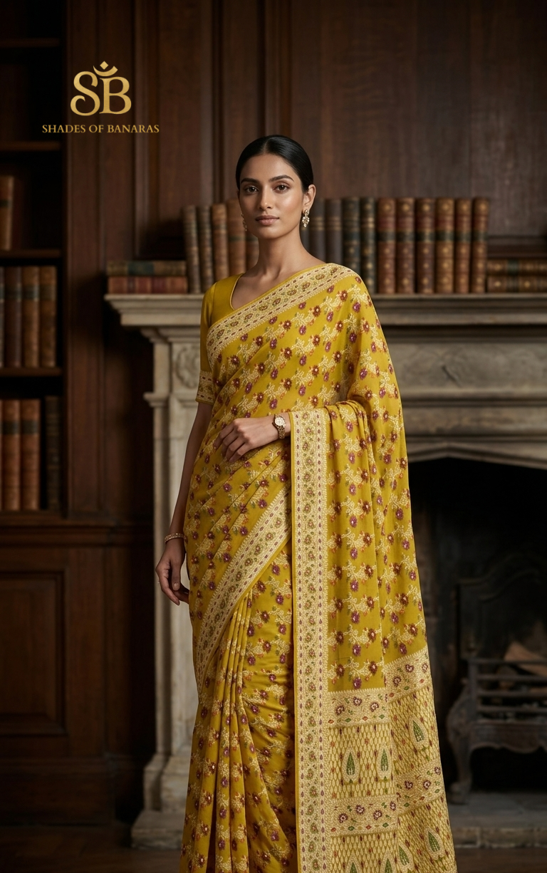 Giallo Dorato Pekhwa Couture Pure Khaddi Chiffon Banarasi Saree
