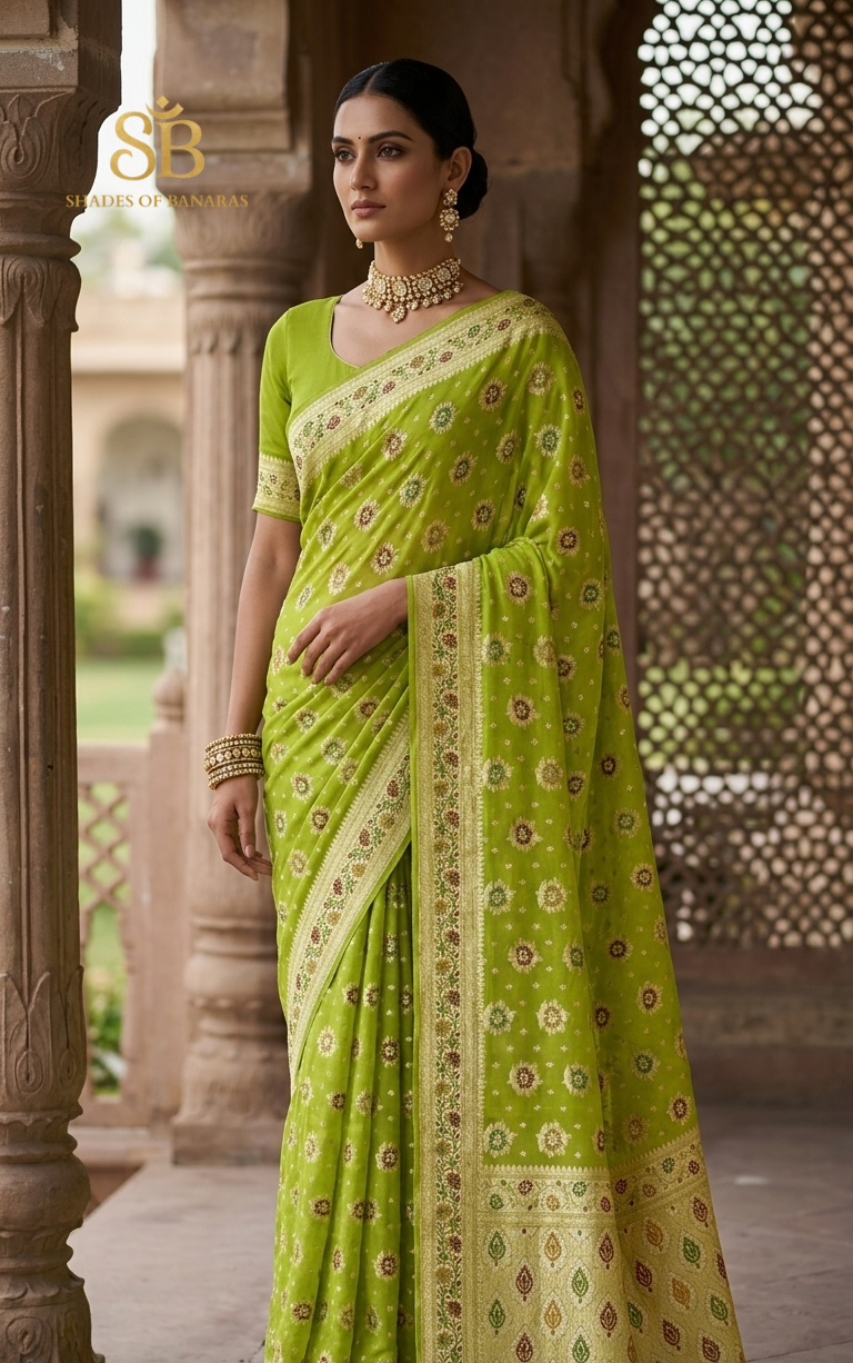 Verde Foglia Pekhwa Couture Pure Khaddi Chiffon Banarasi Saree