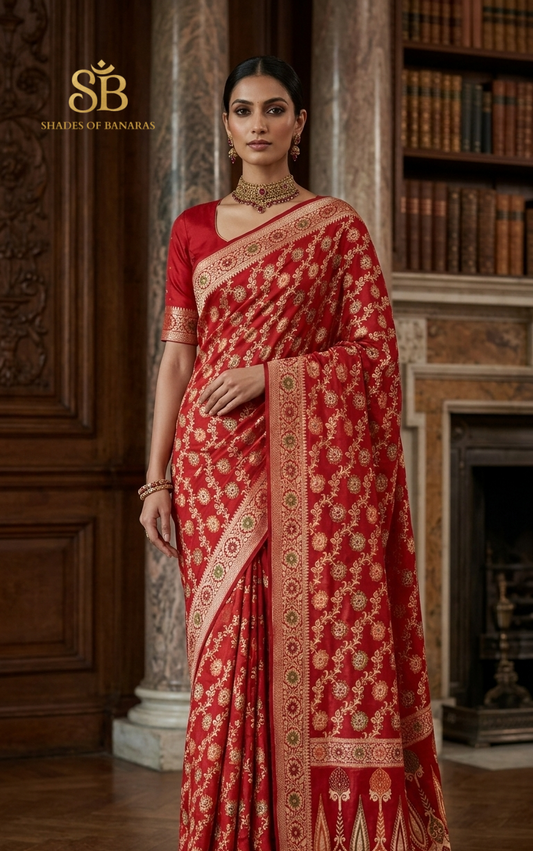 Rosso Cardinale Pekhwa Couture Pure Khaddi Chiffon Banarasi Saree