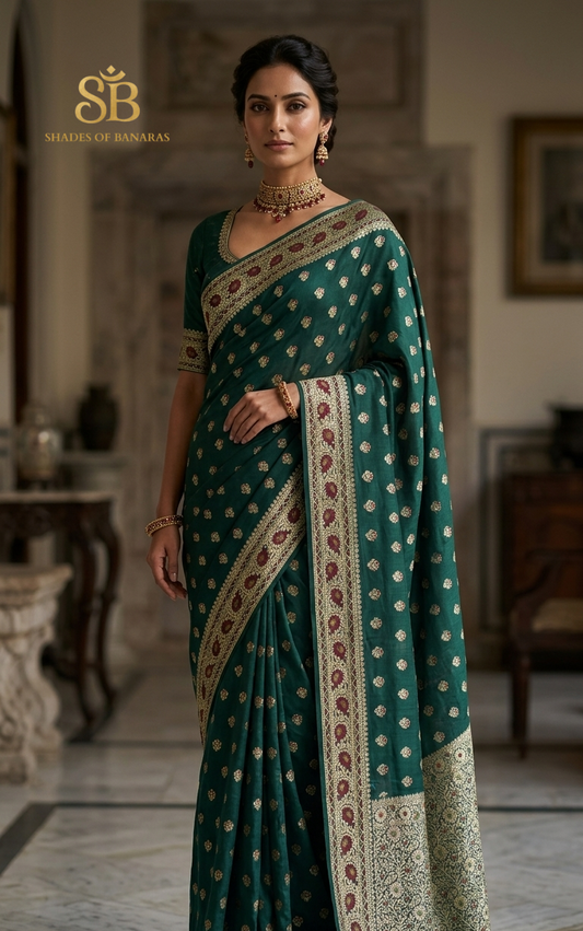 Verde Bottiglia Pekhwa Couture Pure Khaddi Chiffon Banarasi Saree