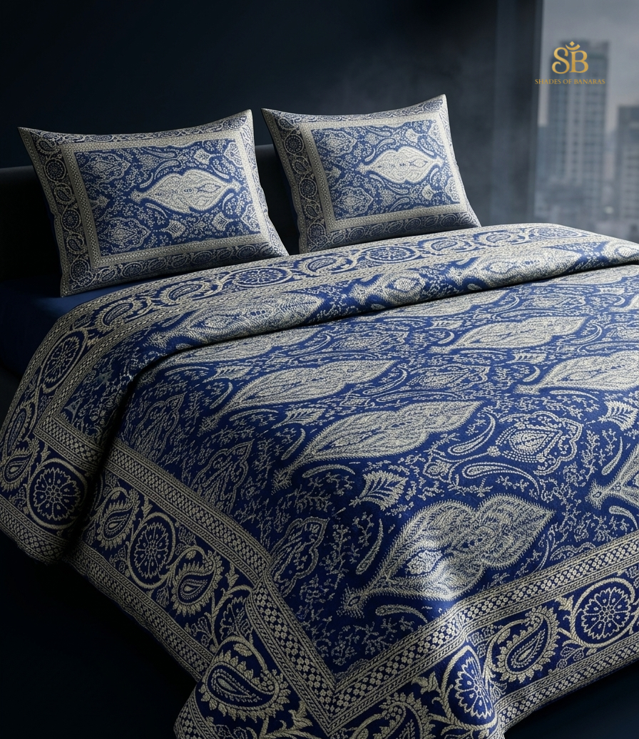 Blu Regale Manotessuta Couture Pure Dupion Silk Banarasi Bedcover – authentic Banarasi handloom weave – Shades of Banaras