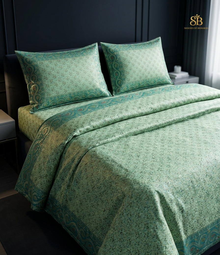 Verde Smeraldo Artigianale Couture Pure Dupion Silk Banarasi Bedcover – authentic Banarasi handloom weave – Shades of Banaras